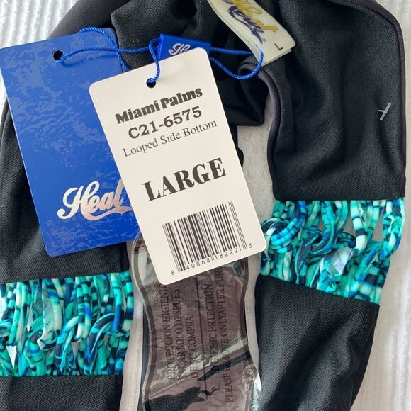 Heat Swimwear Miami Palms Black with Aqua Loop Sides Bikini Bottom Size Large - Picture 7 of 8